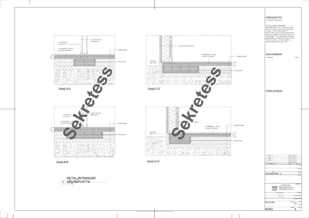 Detaljritning av platta på mark med förstärkningar vid punktlaster i Täby huskonstruktion