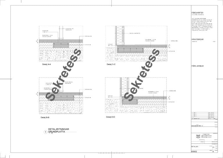 Detaljritning av platta på mark med förstärkningar vid punktlaster i Täby huskonstruktion
