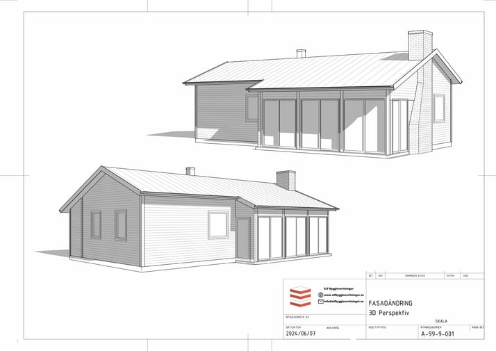 Bygglovsritning för fristående stuga med mått och detaljer.