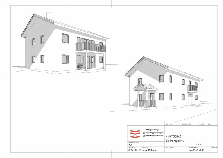 Bygglovsritning för tvåvåningshus med detaljerade fasader och planlösning