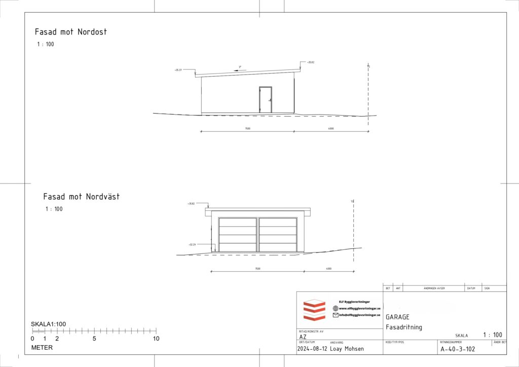 Fasadritningar för garage med detaljerade mått och väggplacering för olika väderstreck.