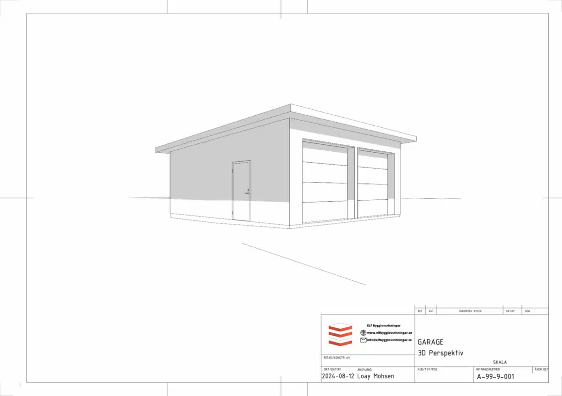 3D-rendering av garage med två portar och sidodörr.