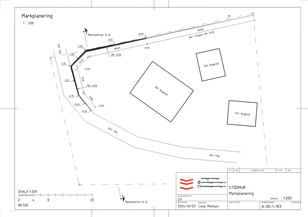 Markplanering för stödmur med nivåskillnader och befintliga byggnader i Lotorp 1:58, ritad av ELF Bygglovsritningar.