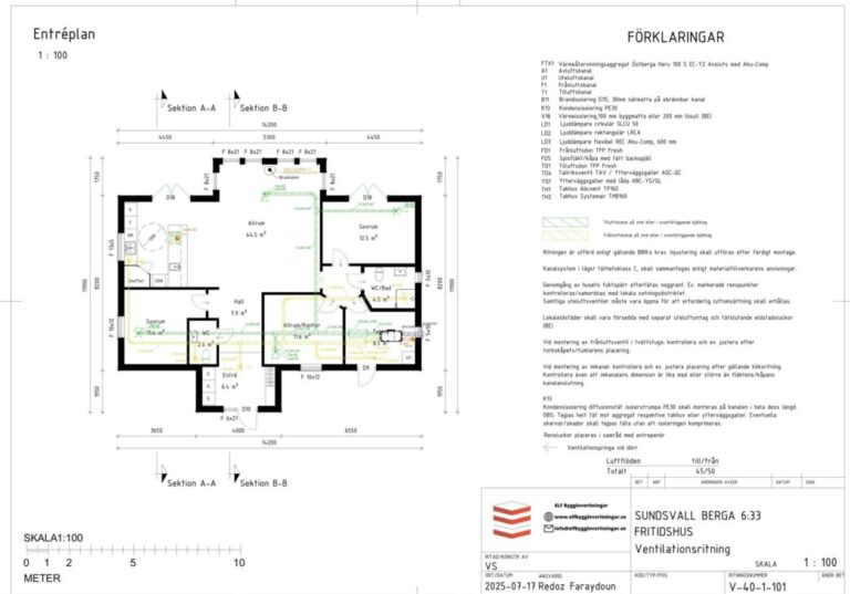 Ventilationsritning för bygglov som visar ventilationssystem, tilluft och frånluft i bostadshus.