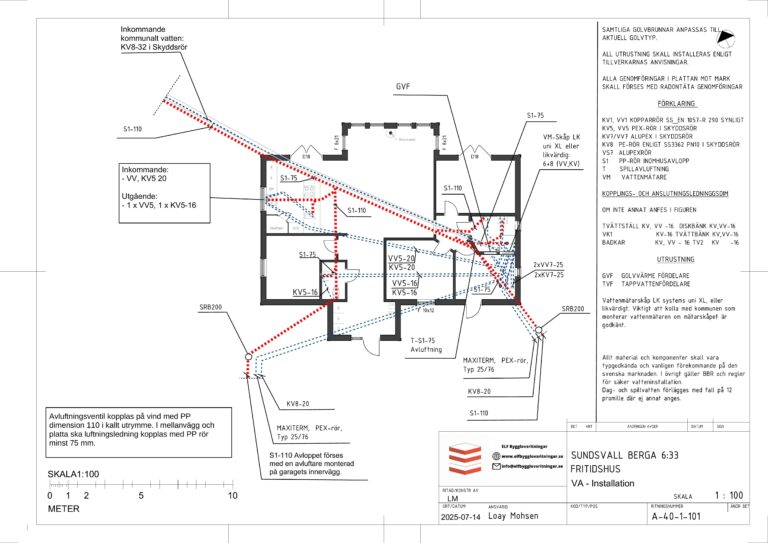 VVS-ritning för bygglov som visar rördragning, vatten och avlopp i bostadshus.